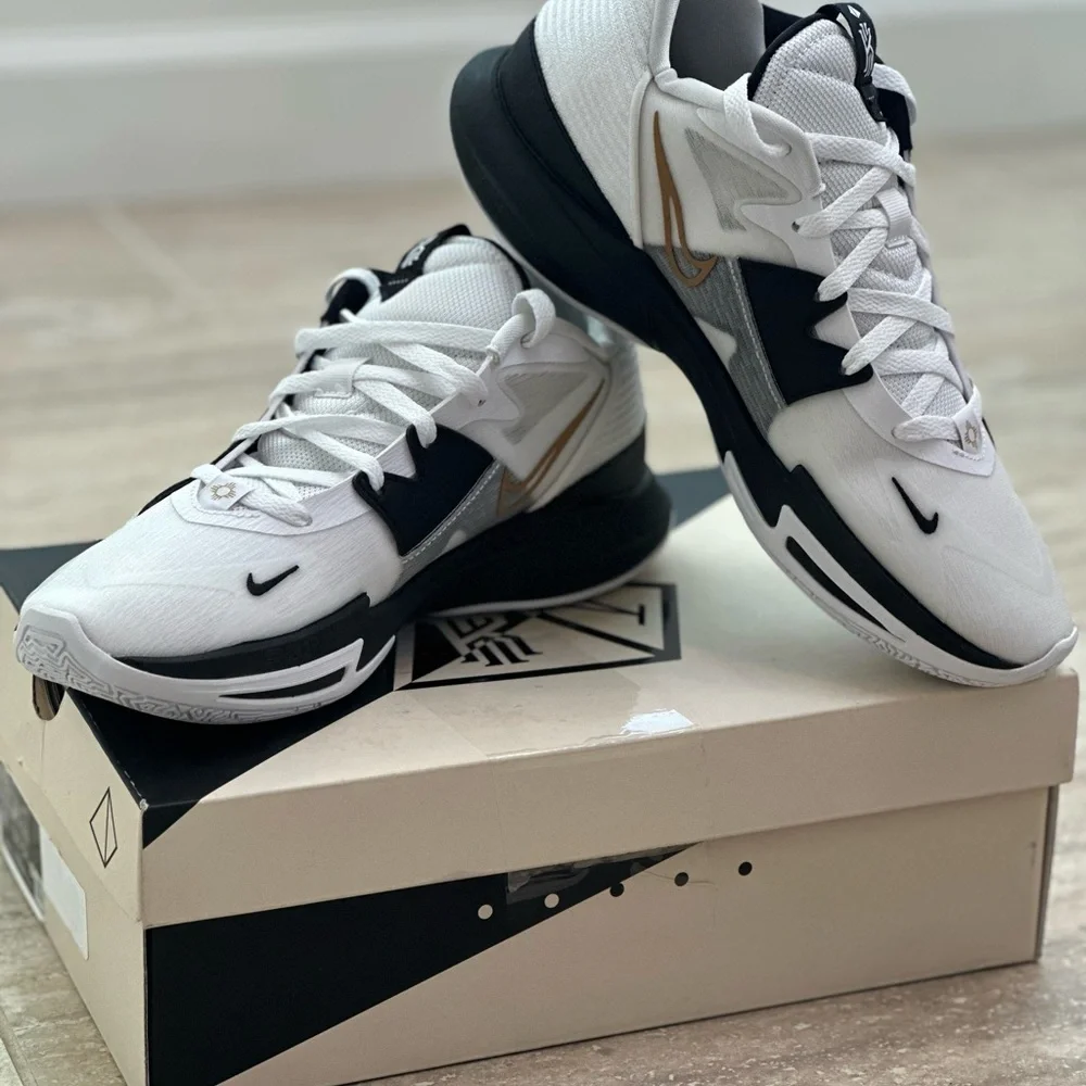 Nike Kyrie Low 5 Black and White Basketball Shoes with Gold Detail